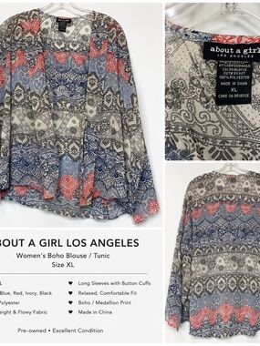 About A Girl Boho Medallion Tunic Blouse — Blue, Red, Ivory, Black
